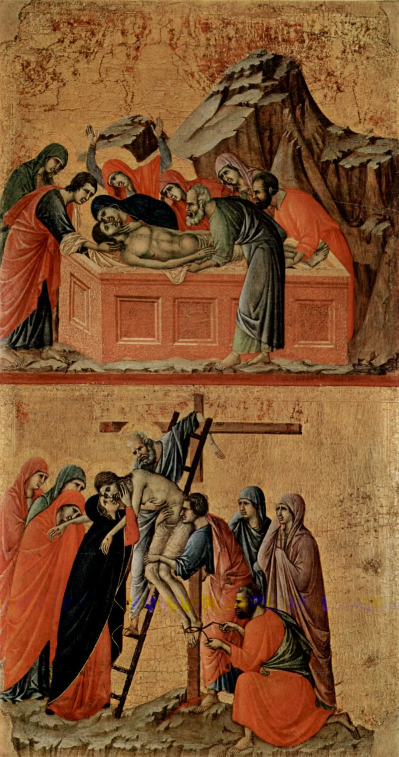 Begravelse af Kristus (øverst); Korsfæstelsen (nederst) - Duccio di Buoninsegna