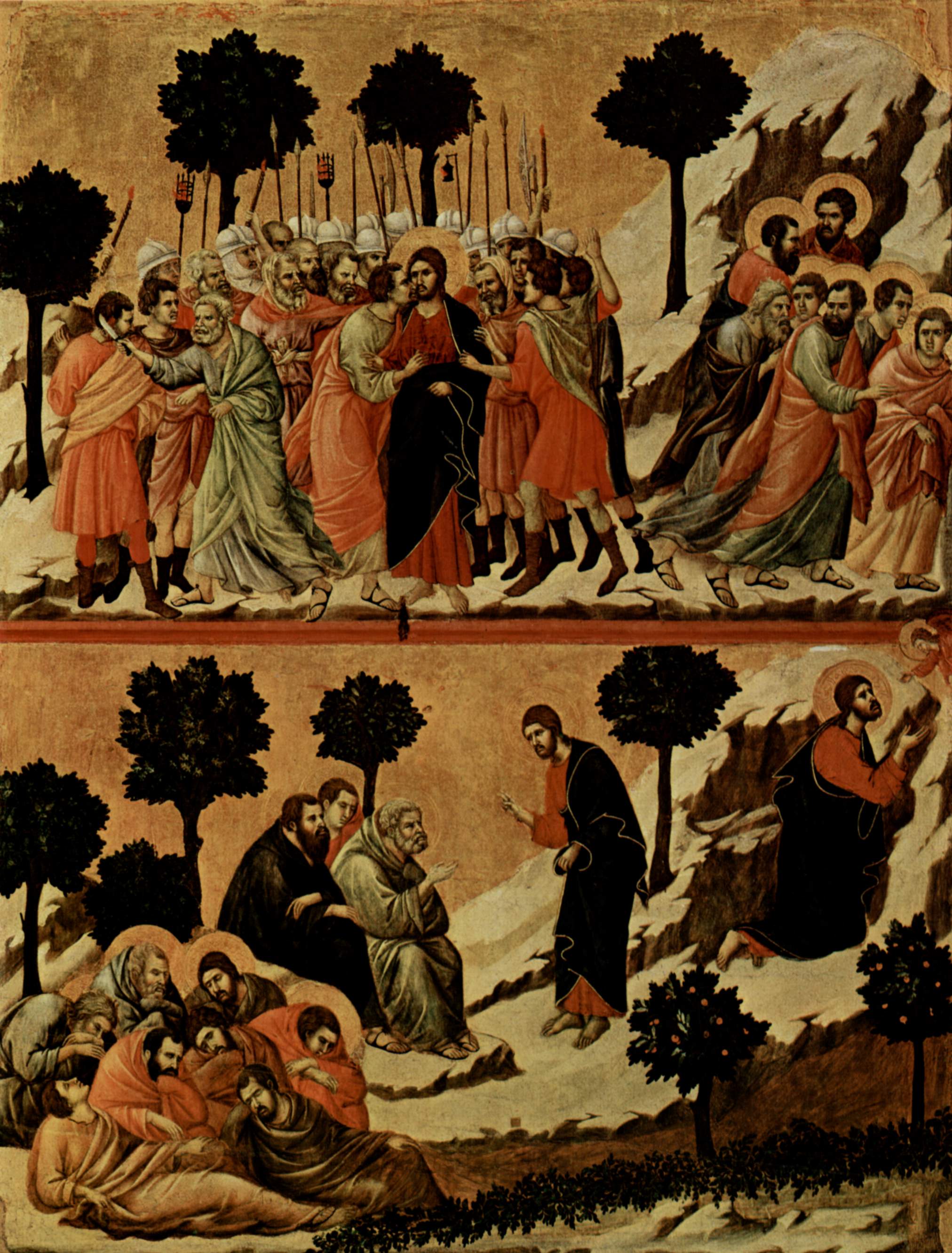 Arrestation de Jésus (en haut) ; Agonie dans le jardin (en bas) - Duccio di Buoninsegna