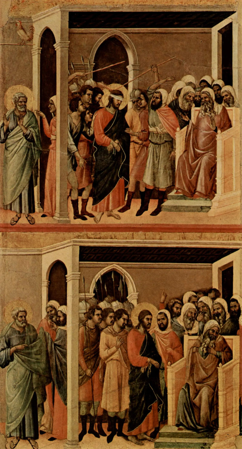 Den hånede Kristus (øverst); Kristus foran Kajafas (nederst) - Duccio di Buoninsegna