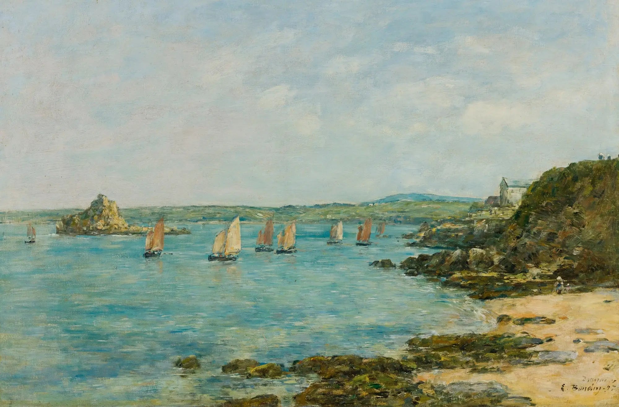 Reproduction du tableau « Rivage de Douarnenez, bateaux de pêche dans la baie - Eugène Boudin » par Alpha Reproduction en peinture à l’huile
