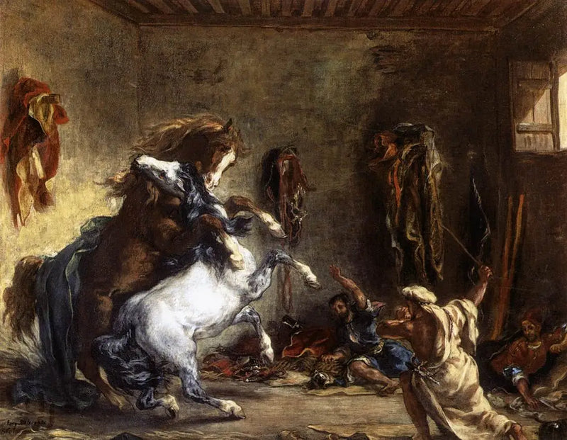 Arabiske heste kæmper i en stald - Eugène Delacroix