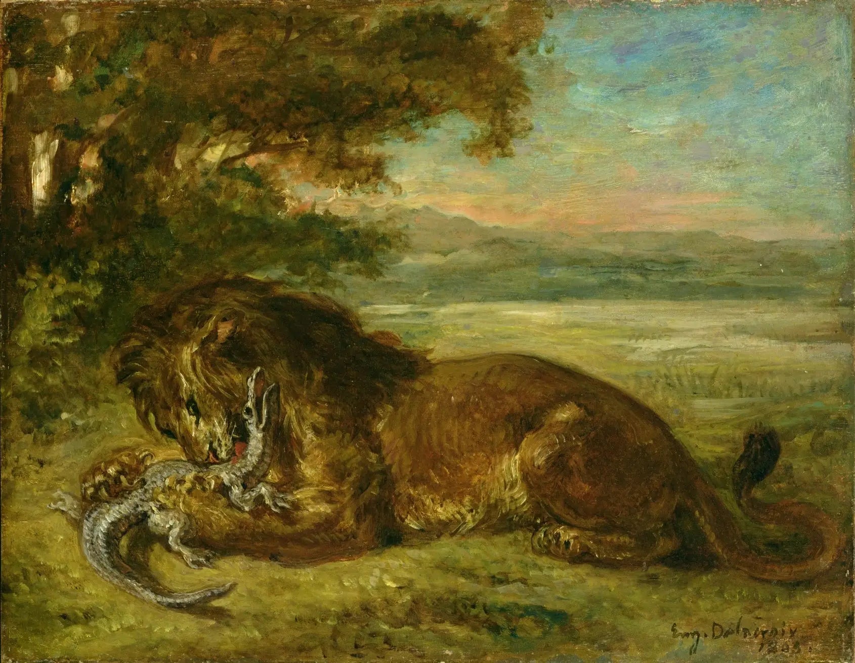 Reproduction du tableau « Lion et caïman - Eugène Delacroix » par Alpha Reproduction en peinture à l’huile