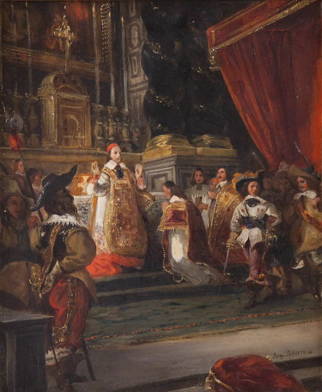 Reproduction du tableau « Le Cardinal de Richelieu disant la messe dans la chapelle du Palais-Royal - Eugène Delacroix » par Alpha Reproduction en peinture à l’huile