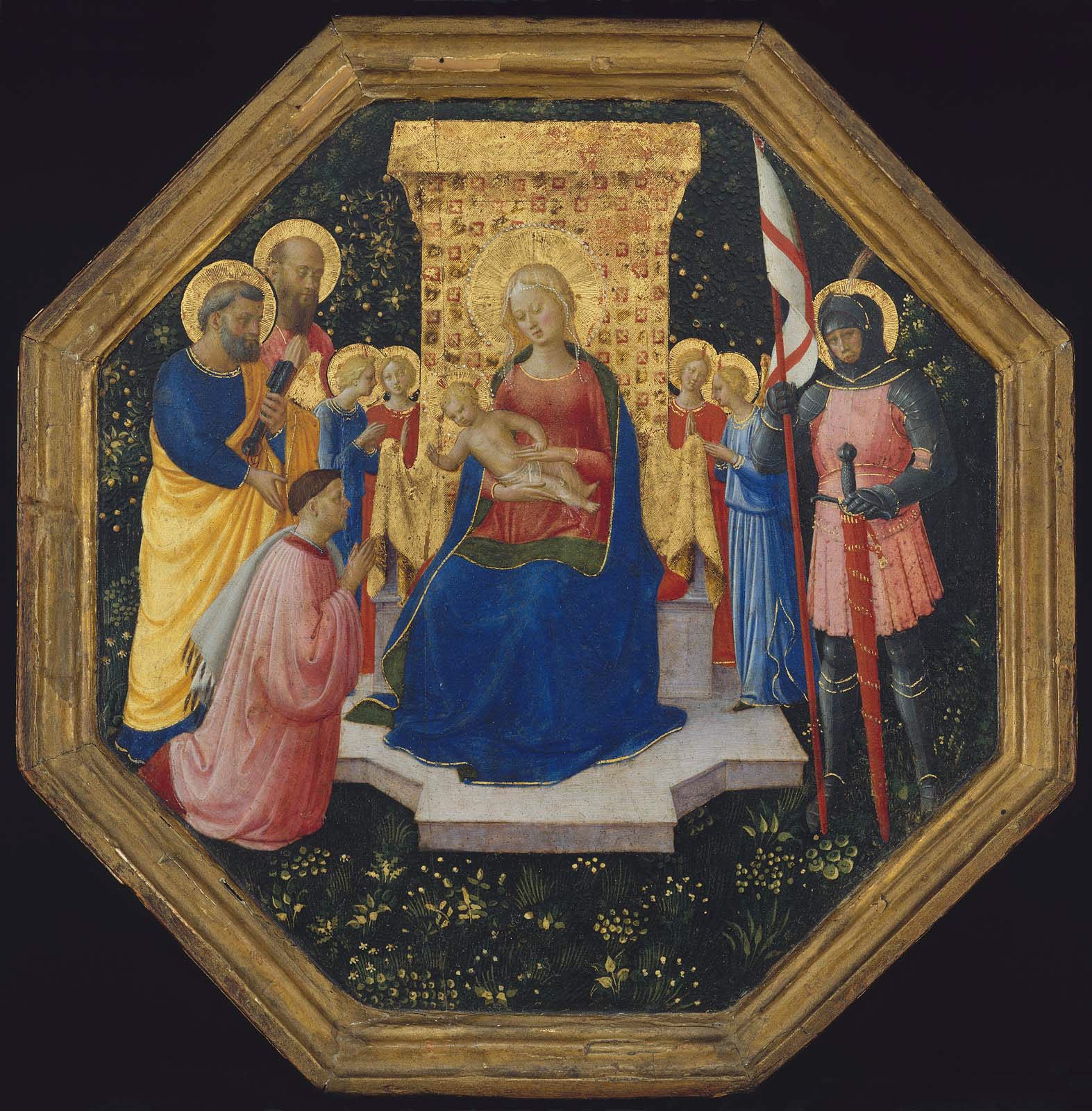 Vierge à l'Enfant en trône avec les saints Pierre, Paul et Georges (?), quatre anges et un donateur - Fra Angelico