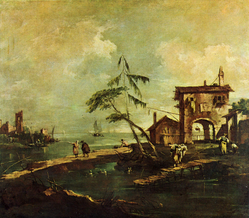 Capriccio med rustik hus ved lagunen - Francesco Guardi