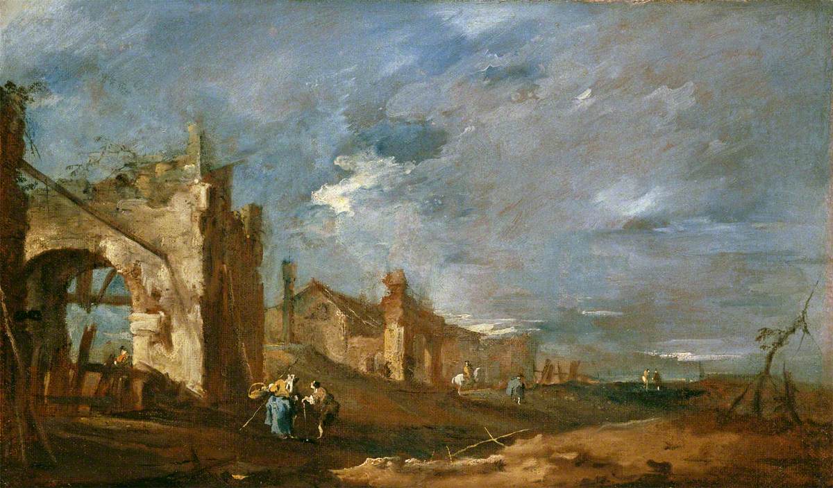 Bâtiments en ruine et personnages au bord de la lagune - Francesco Guardi