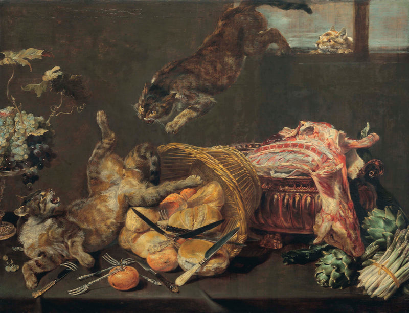 Des chats qui se battent dans un garde-manger, avec des miches de pain, un agneau préparé, des artichauts et des raisins. - Frans Snyders