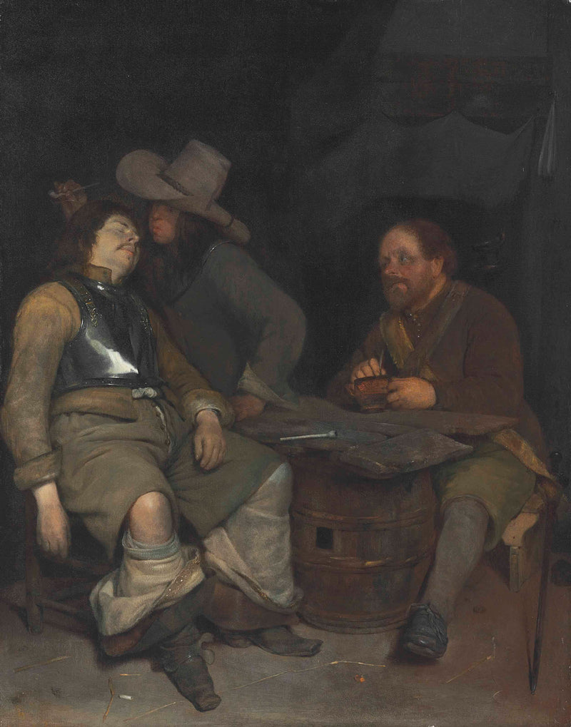 Intérieur d'un poste de garde avec un soldat soufflant de la fumée - Gerard ter Borch