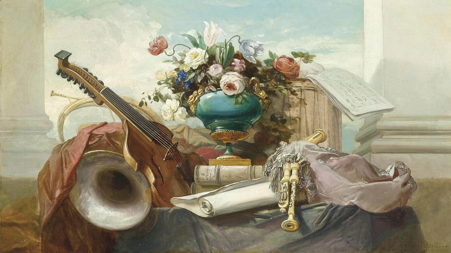 Instruments de musique et vase de roses sur un entablement de Denis-Joseph Godefroy