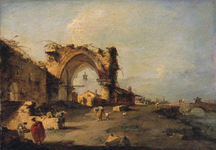 Udsigt over en lille by med en bro og en monumental gotisk port i ruiner - Francesco Guardi