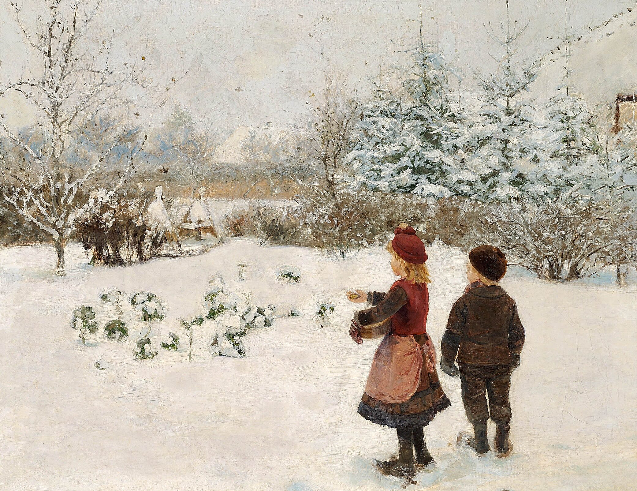 Deux enfants nourrissent des oiseaux dans la neige. - H. A. Brendekilde