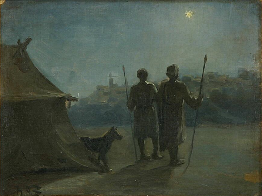 Décor oriental avec deux gardes devant une tente. - H. A. Brendekilde