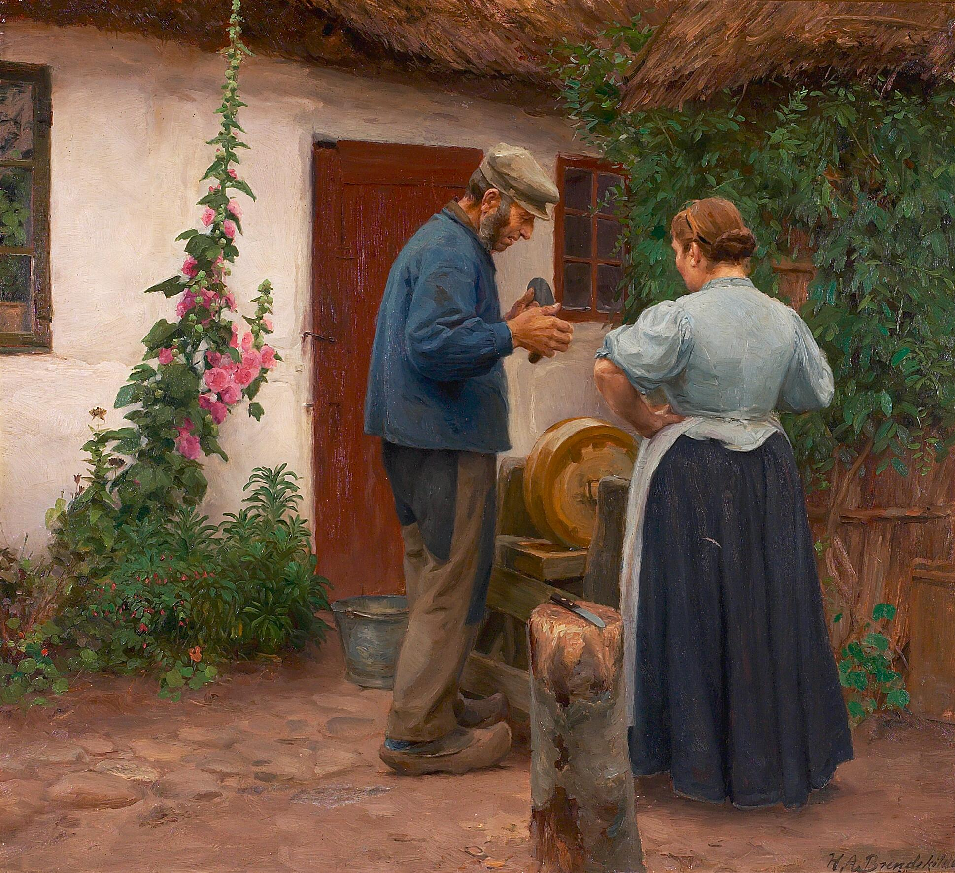 Un homme et une femme devant une pierre à aiguiser. - H. A. Brendekilde