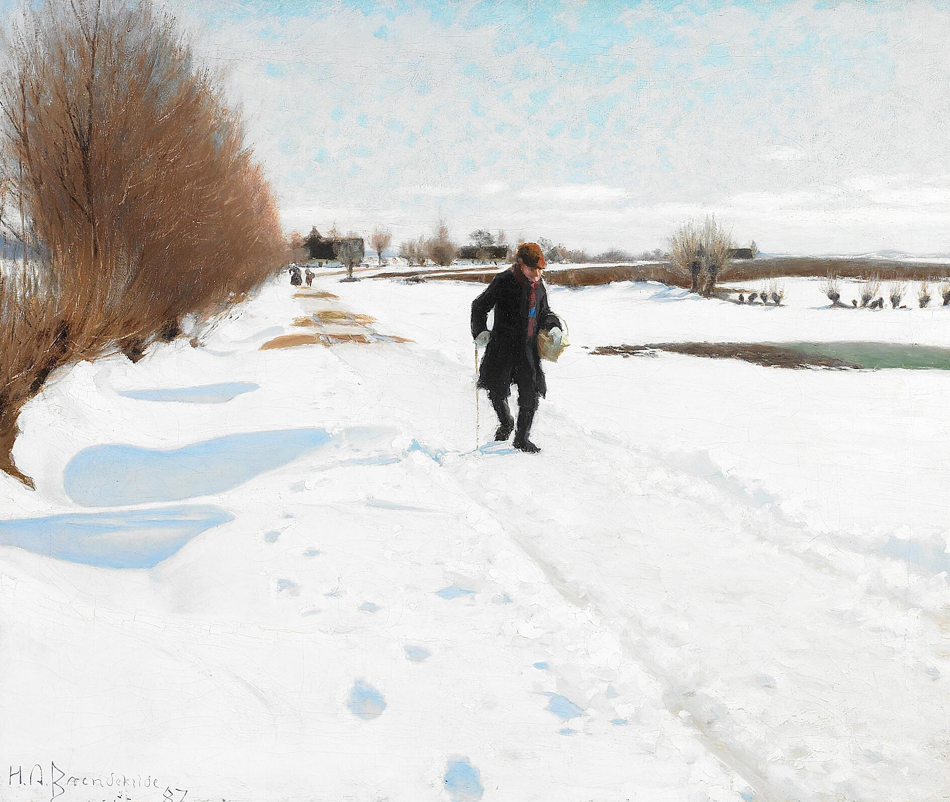 Des personnes marchant sur une route enneigée. - H. A. Brendekilde