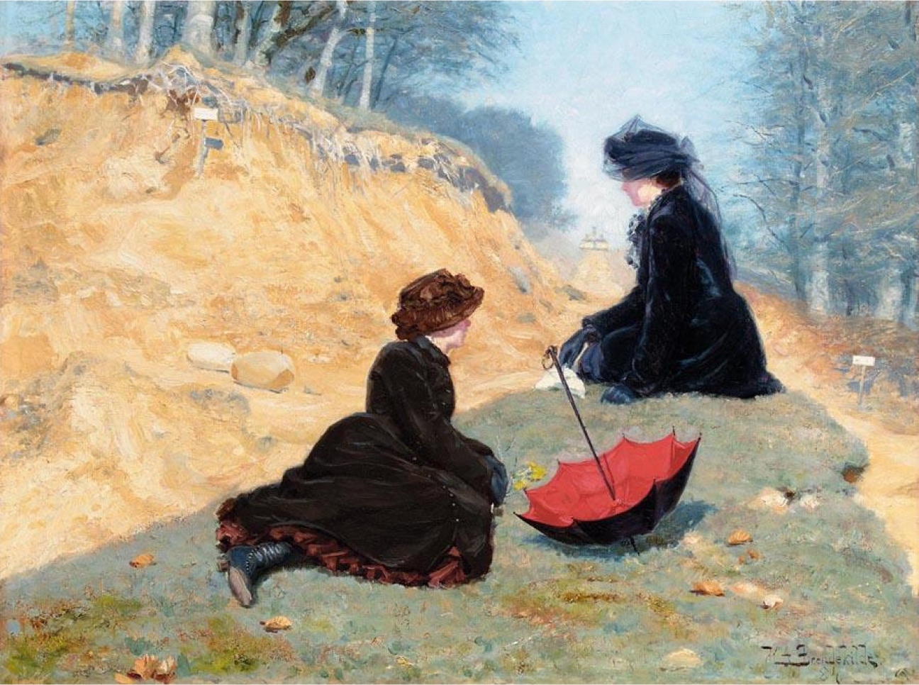 Deux filles se reposent sur un chemin. - H. A. Brendekilde
