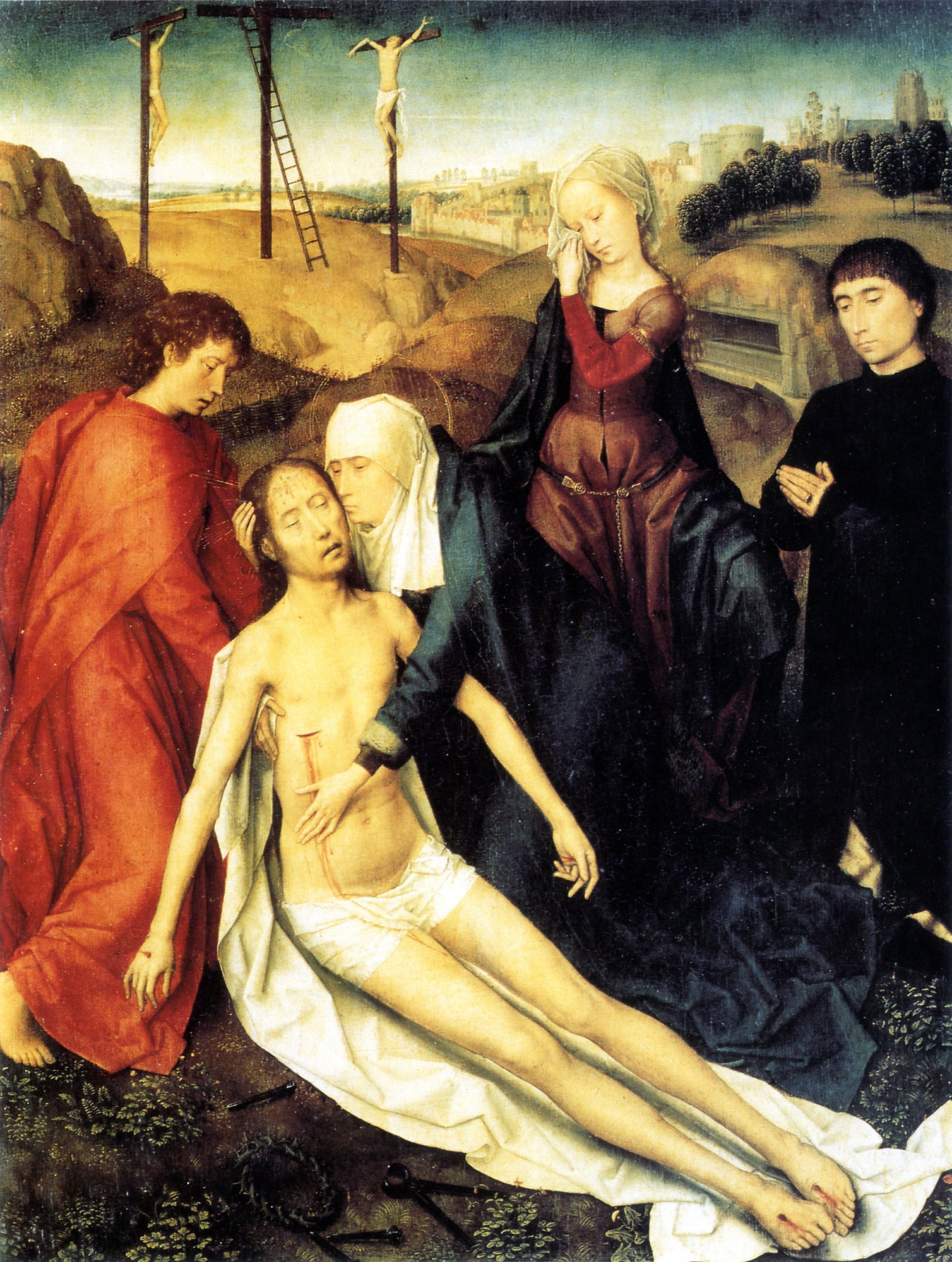 Kristus død grædende af sin Moder, Sankt Johannes og - Hans Memling