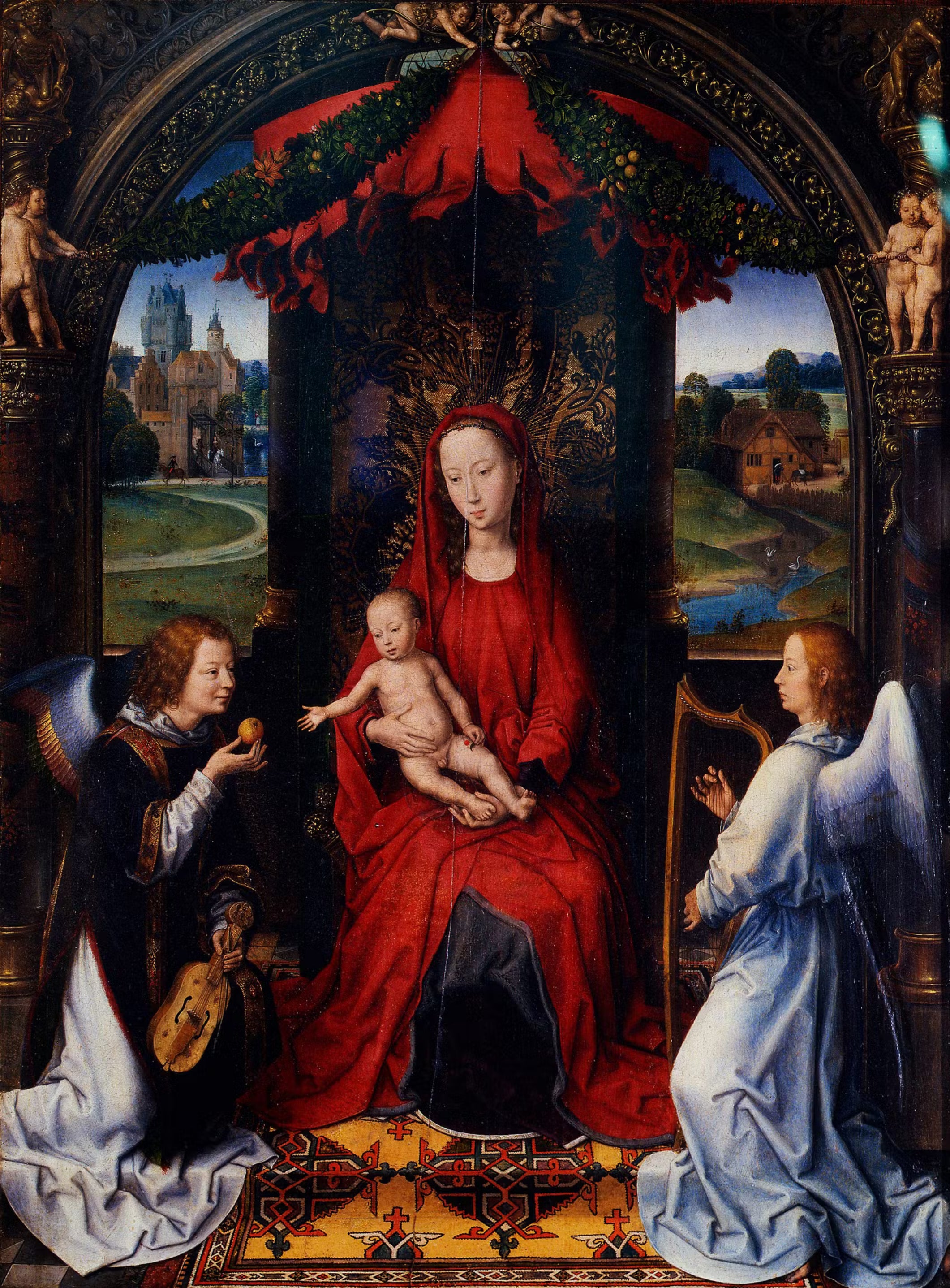 Den Madonna, der troner med barnet og to musikalske engle - Hans Memling