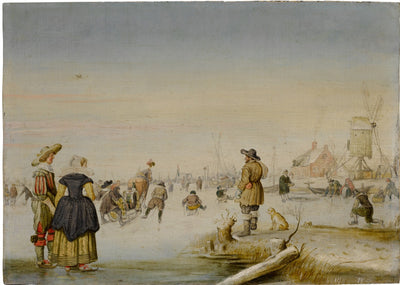 Patinage artistique sur un lac gelé avec un couple élégant au premier plan - Hendrick Avercamp