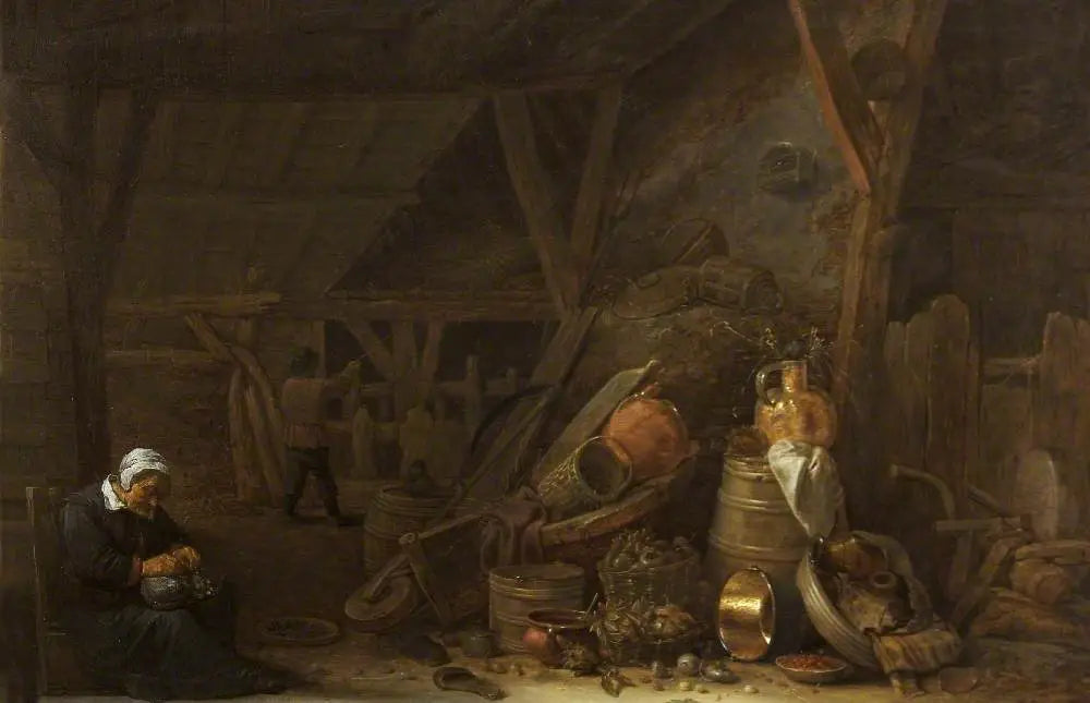 Une grange avec une nature morte d’ustensiles de cuisine et un cuisinier endormi - David Teniers le Jeune - Alpha