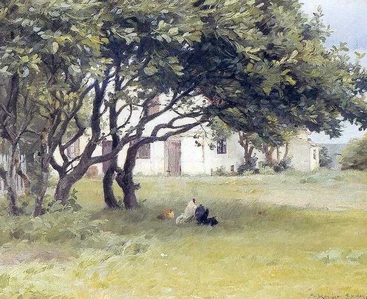 Poules sous les arbres à la ferme de Madame Bendsen - Peder Severin Krøyer