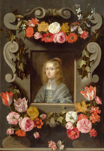 Portrait d'une jeune fille inconnue dans un cartouche orné d'une guirlande de fleurs - Jan Brueghel le Jeune