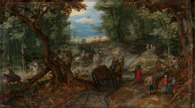 Route forestière longeant un étang guéable fréquenté par des voyageurs - Jan Brueghel l'Ancien