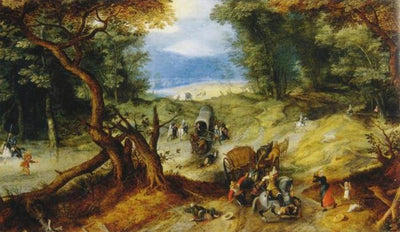 Paysage boisé avec un vol sur un chemin forestier - Jan Brueghel l'Ancien
