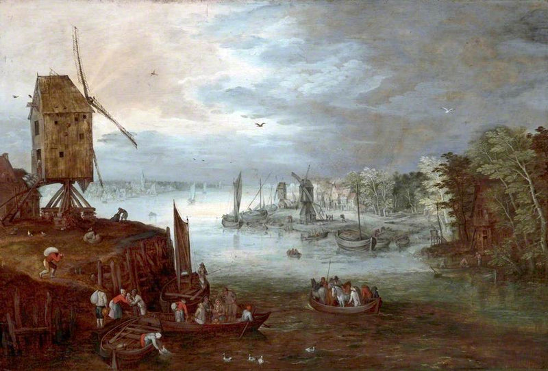Paysage néerlandais avec moulins à vent et bateaux - Jan Brueghel l'Ancien