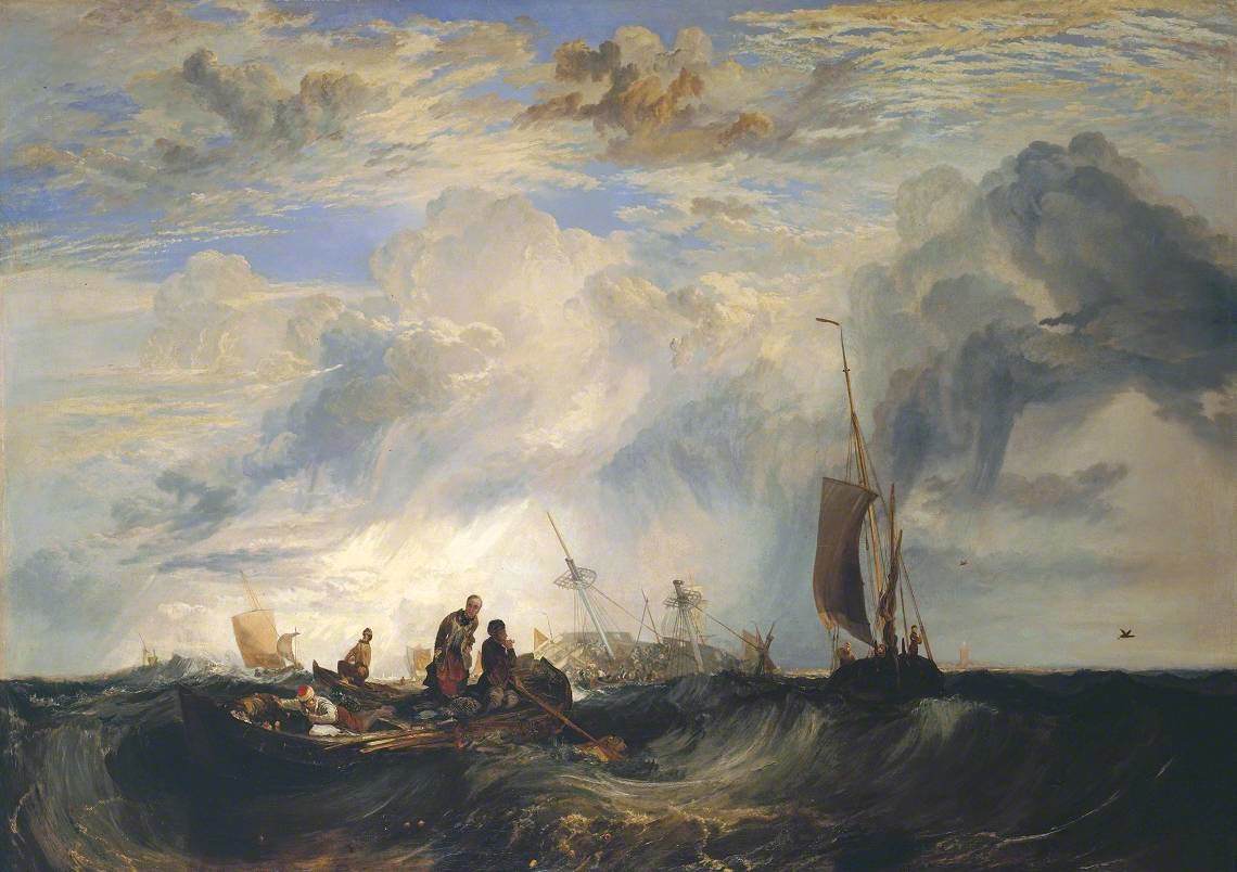Reproduction du tableau « Entrance of the Meuse: Orange-Merchant on the Bar, Going to Pieces; Brill Church bearing S. E. by S., Masensluys E. by S. - J. M. W. Turner » par Alpha Reproduction en peinture à l’huile