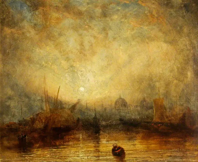 Sejlads og Andre Fartøjer ved Solnedgang med Udsigt til Kuppelerne i en By (sandsynligvis Venedig) - J. M. W. Turner