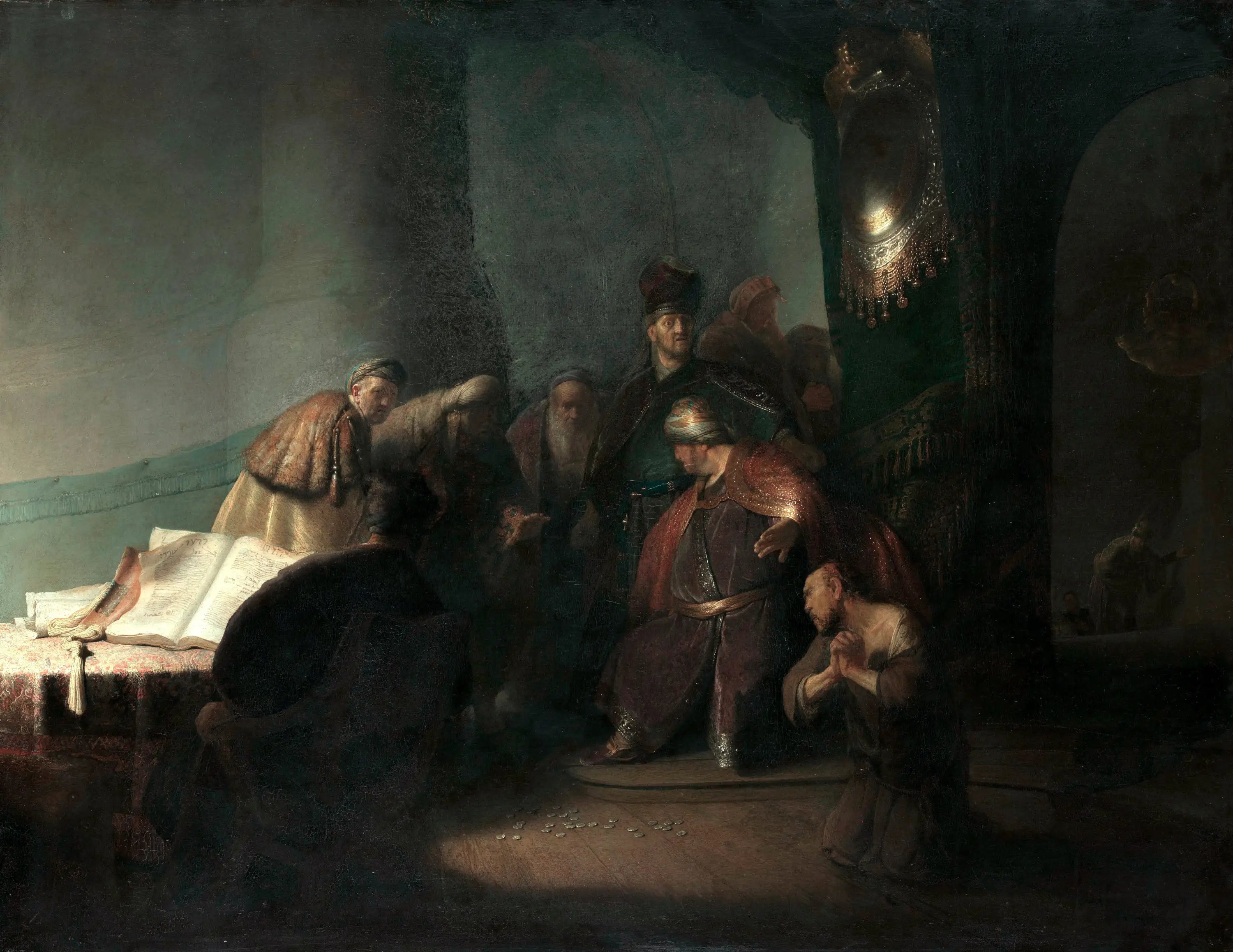 Reproduction du tableau « Judas rend les trente deniers - Rembrandt » par Alpha Reproduction en peinture à l’huile