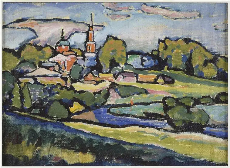 Reproduction du tableau « Akhtyrka, paysage à l'église rouge - Vassily Kandinsky » par Alpha Reproduction en peinture à l’huile