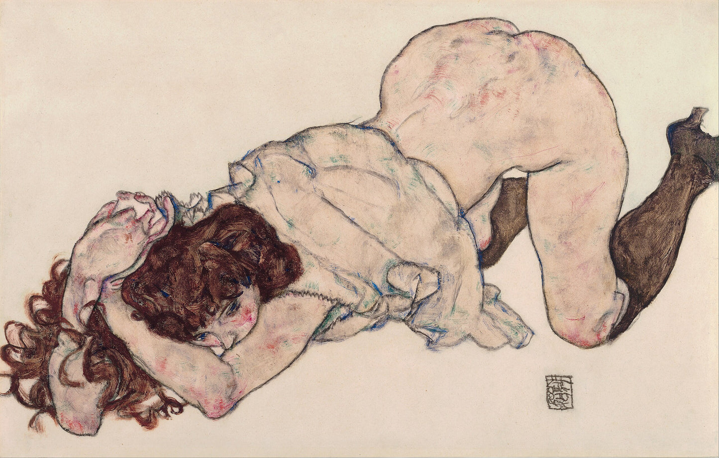 ✨ Ung pige på knæ, støttet på albuerne – Egon Schiele (1917)