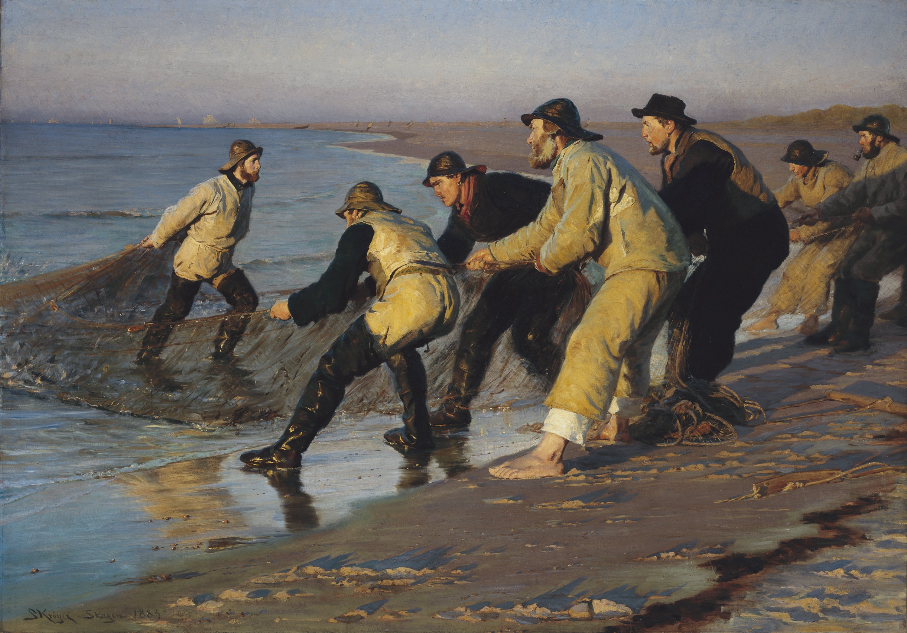 Fiskere trækker deres net op på den nordlige strand i Skagen. Sidt på eftermiddagen. - Peder Severin Krøyer