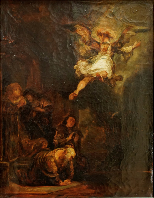 Reproduction du tableau « L'ange Raphaël quittant Tobie - Eugène Delacroix » par Alpha Reproduction en peinture à l’huile