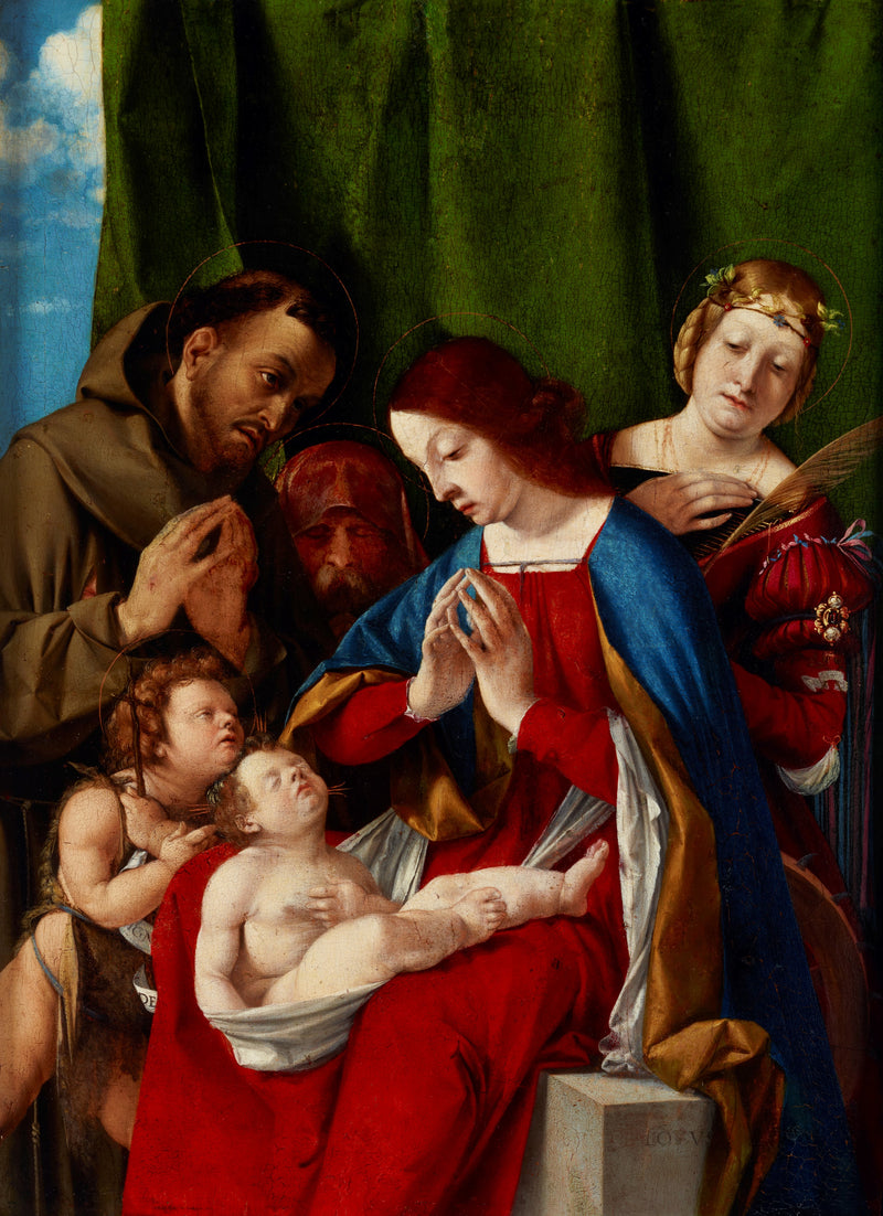 Jomfruen med barnet omgivet af helgenerne Johannes Døberen, Frans af Assisi, Josef (?) og Katharina af Alexandria - Lorenzo Lotto