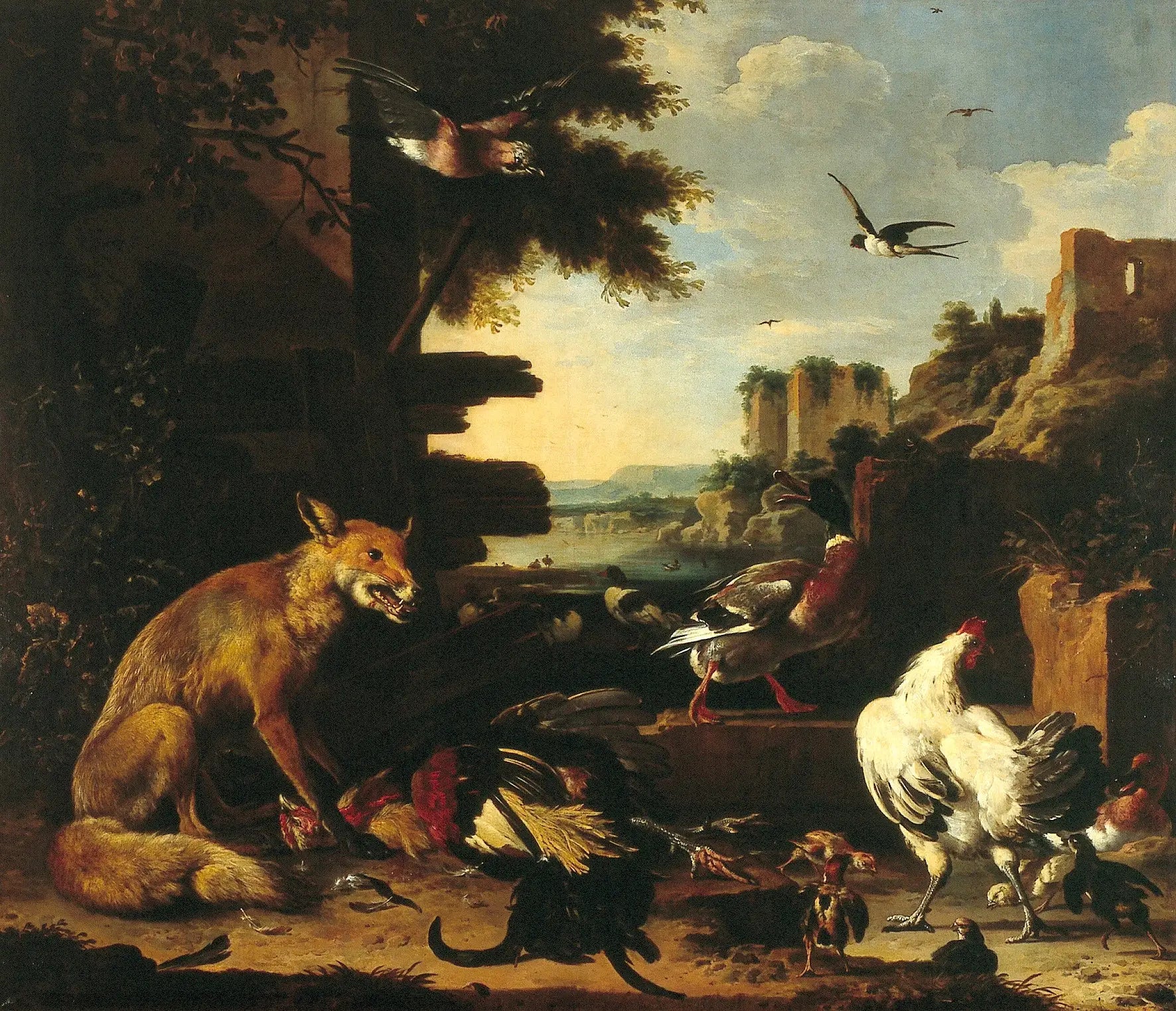 Renard avec coq et volaille morts dans un paysage de parc - Melchior de Hondecoeter - Alpha Reproduction
