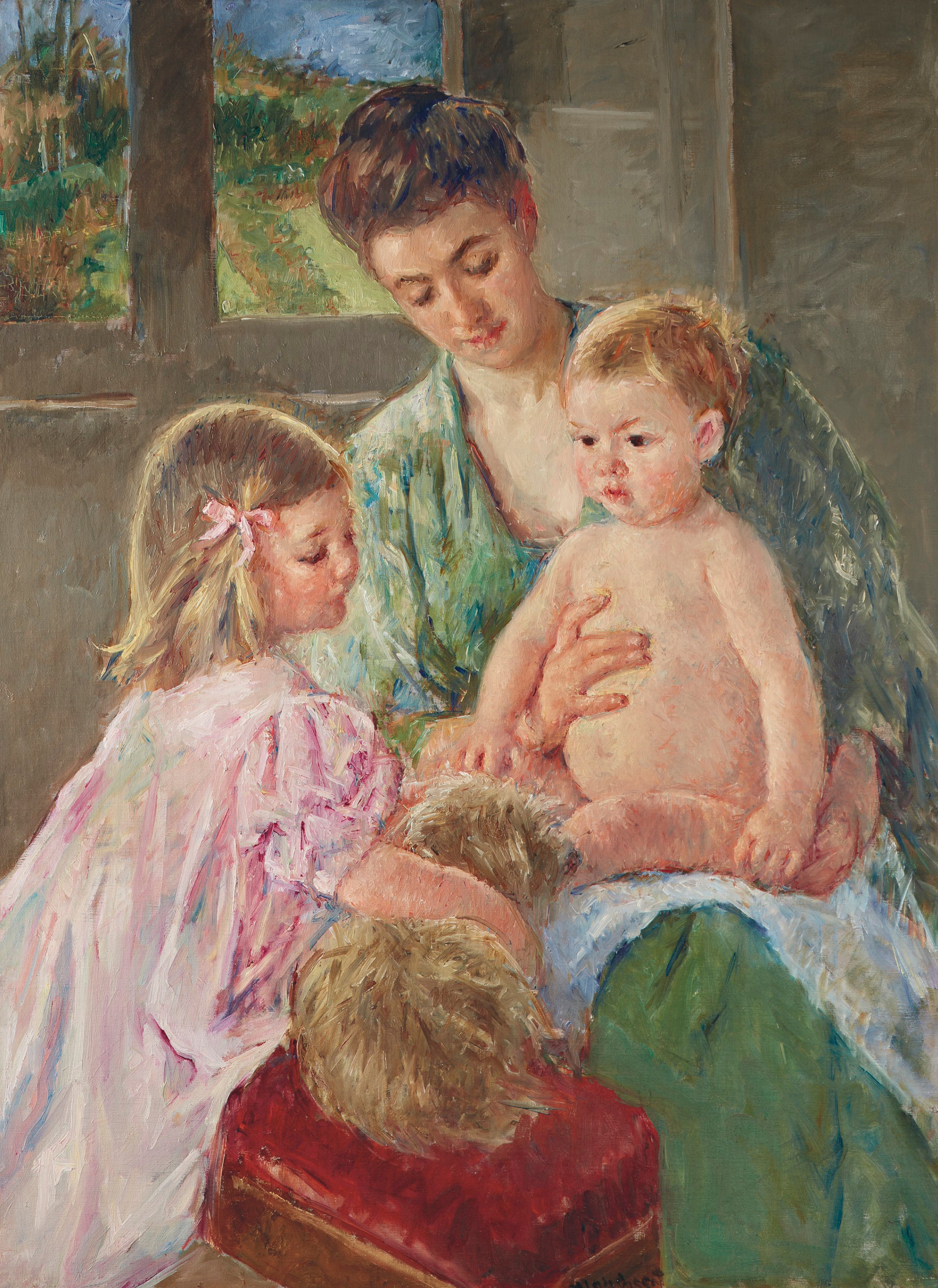 Reproduction du tableau « Enfants jouant avec un chien - Mary Cassatt » par Alpha Reproduction en peinture à l’huile