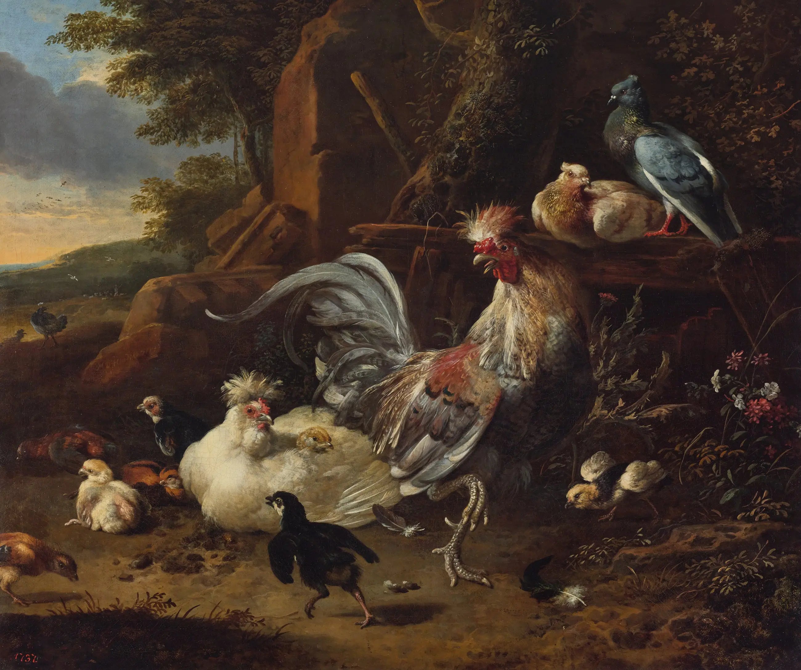 Coq poules et autres volailles dans une cour - Melchior de Hondecoeter - Alpha Reproduction