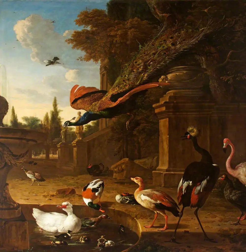 Oiseaux d’ornement dans et à côté d’un étang dans un parc avec un paon en vol - Melchior de Hondecoeter - Alpha
