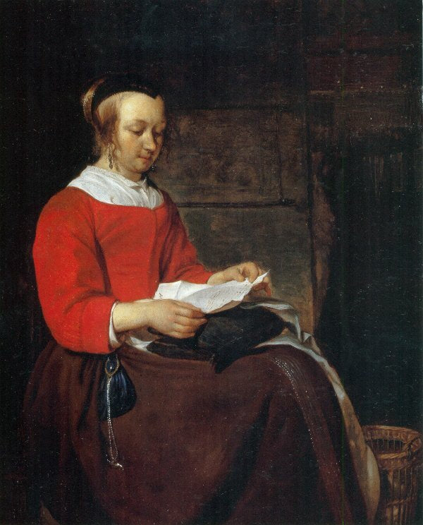 Jeune femme assise à l'intérieur, lisant une lettre - Gabriel Metsu