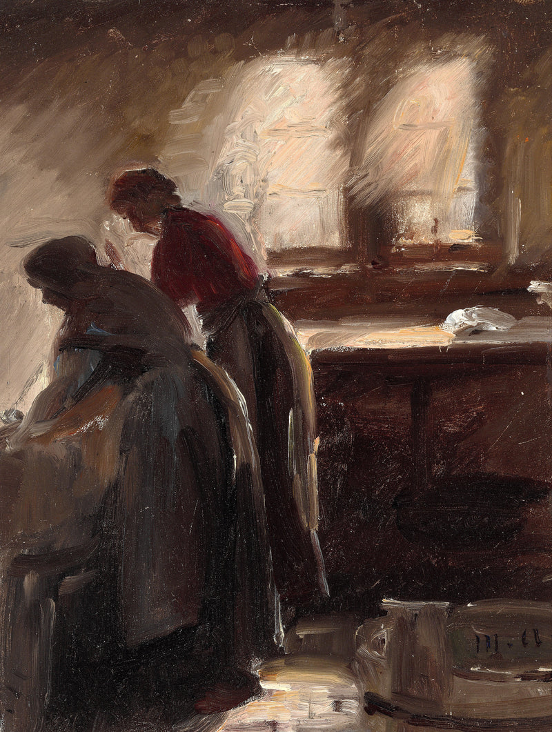 Køkkeninteriør med to kvinder i arbejde. - Michael Peter Ancher