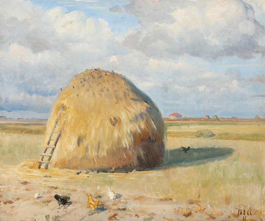En sommerdag i Skagen med kyllinger ved en høstak. - Michael Peter Ancher