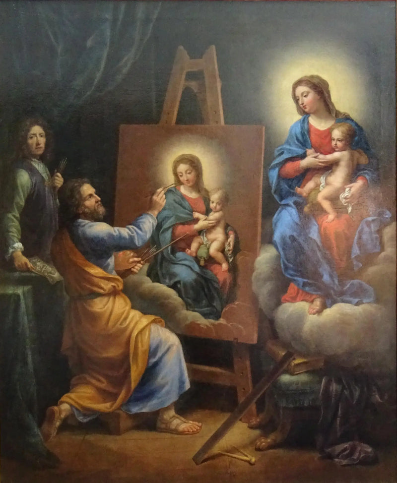 Saint Luc malende Jomfruen med selvportræt af Mignard - Pierre Mignard