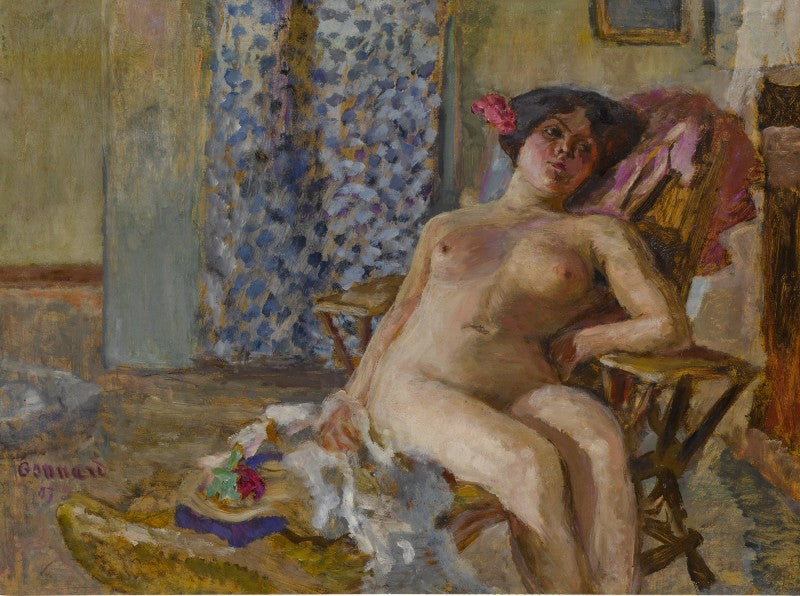 Reproduction du tableau « Nu assis, Fleurs dans les cheveux (Étude de nu) - Pierre Bonnard » par Alpha Reproduction en peinture à l’huile