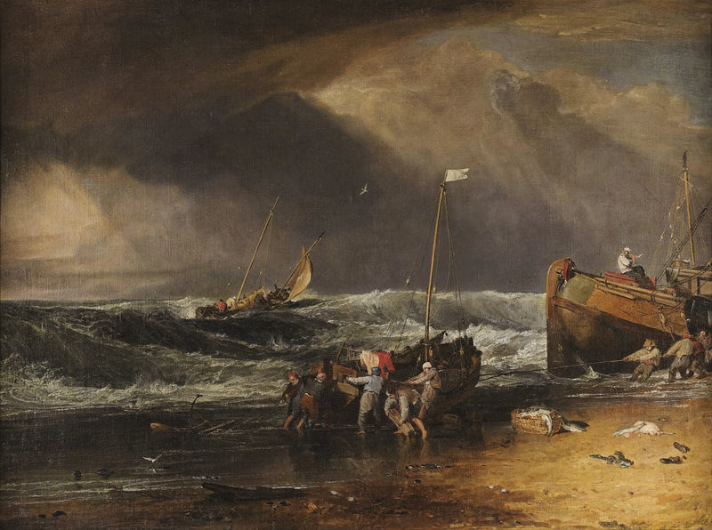 En kystscene med fiskere, der trækker en båd i land - J. M. W. Turner