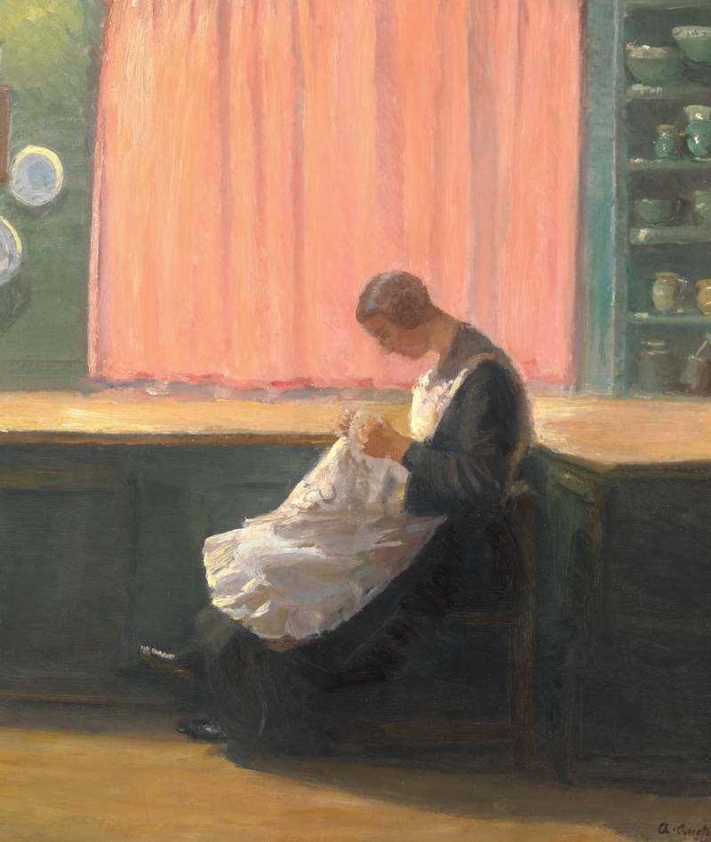 Ved dagens slutning. Ung pige syr. - Anna Ancher