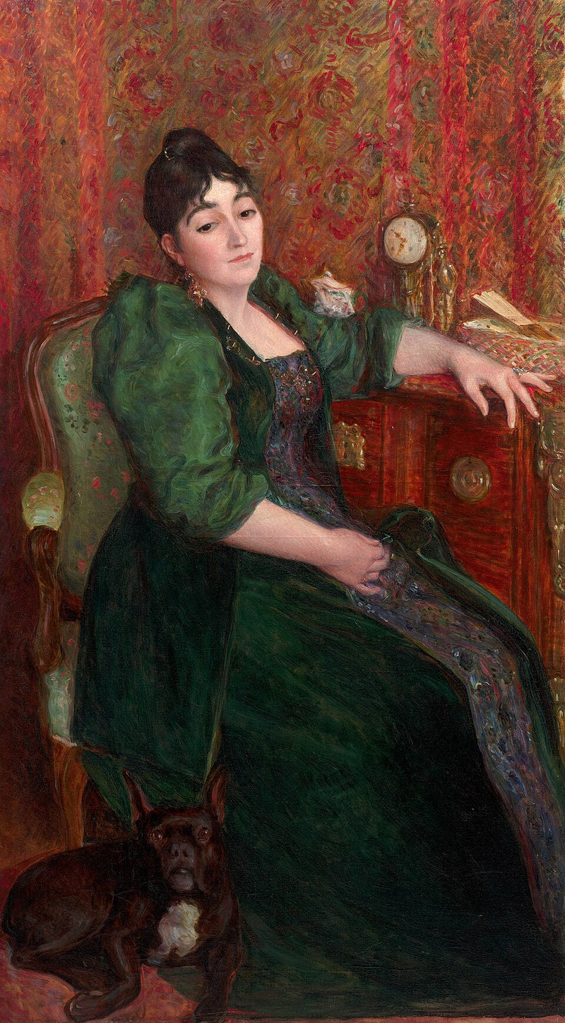 Selvportræt af kunstneren i en lænestol sammen med Bob, hendes franske bulldog - Marie Bracquemond