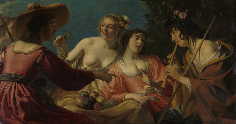 Berger, der spiller på fløjte, og fire hyrdinder - Gerrit van Honthorst