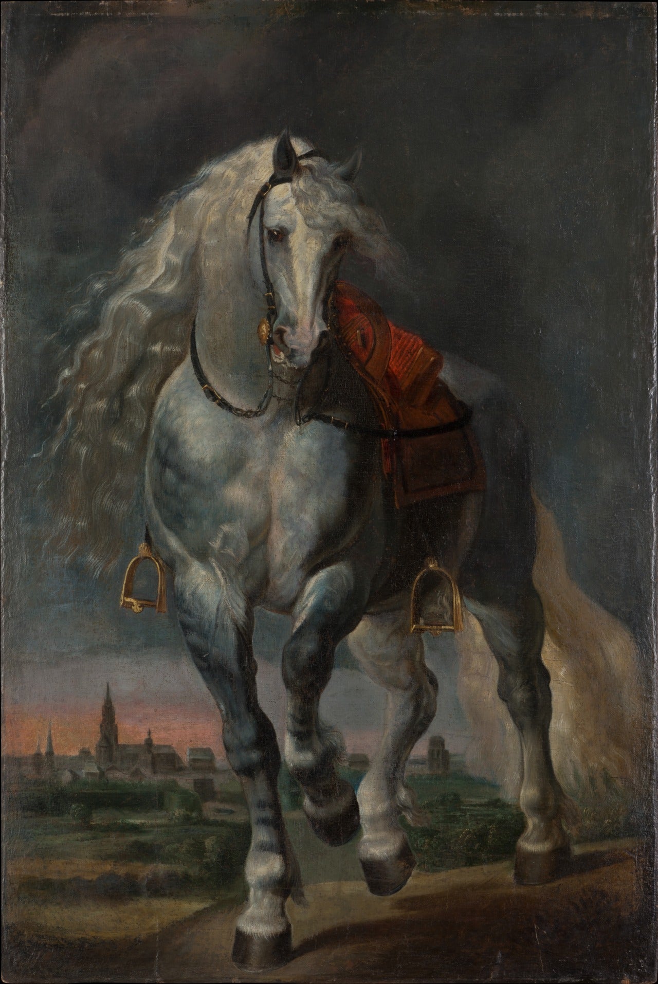 Hvid hest travende på et fladt landskab foran en by - Peter Paul Rubens